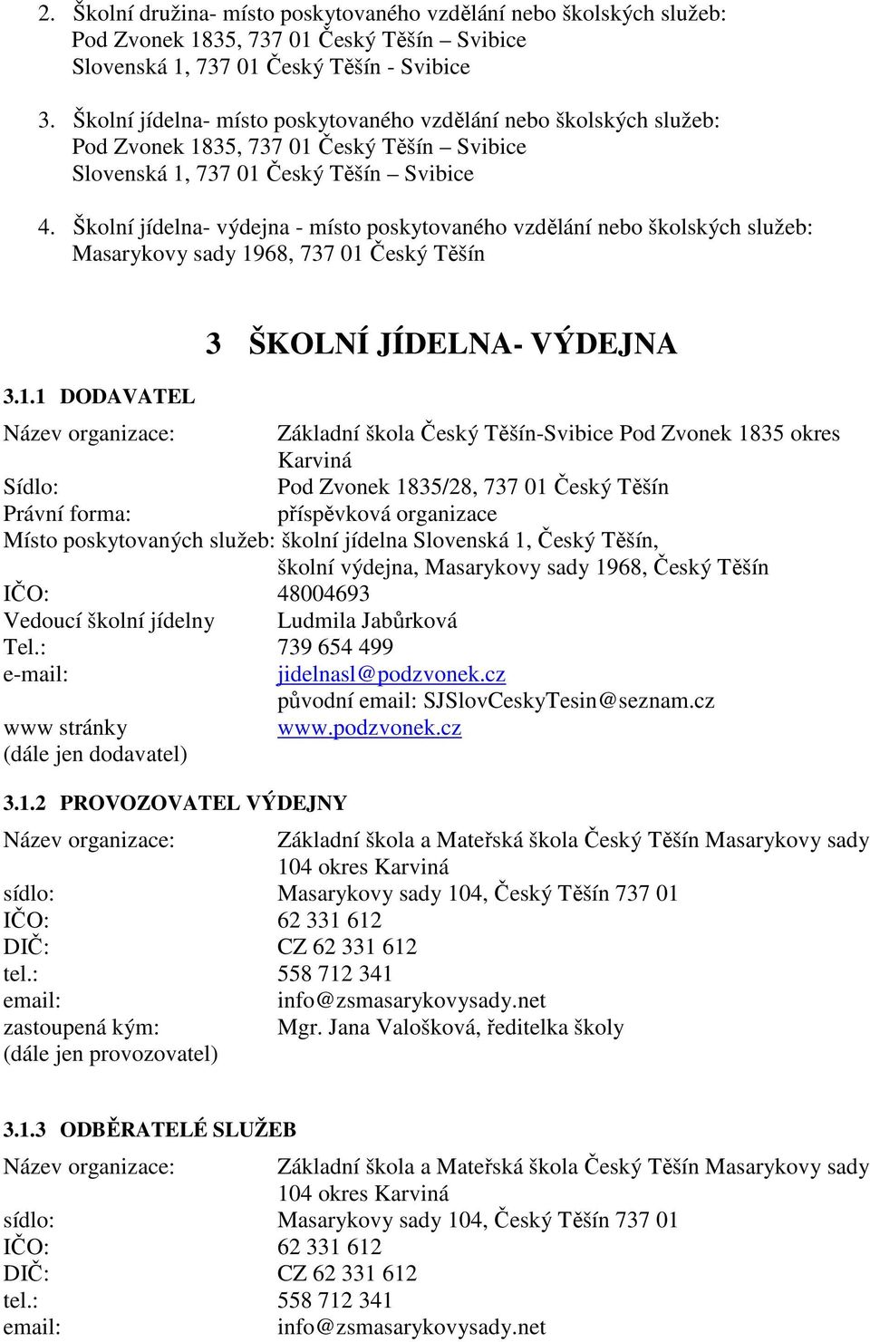 Školní jídelna- výdejna - místo poskytovaného vzdělání nebo školských služeb: Masarykovy sady 19