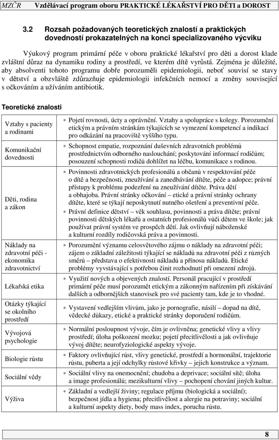 Zejména je důležité, aby absolventi tohoto programu dobře porozuměli epidemiologii, neboť souvisí se stavy v dětství a obzvláště zdůrazňuje epidemiologii infekčních nemocí a změny související s