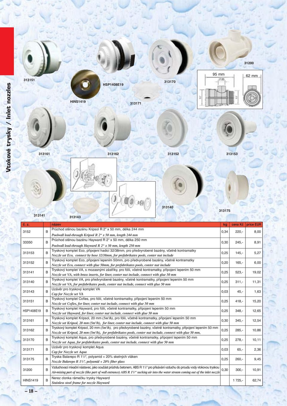 lead-through Hayward R 2 x 50 mm, length 250 mm 313153 B Tryskov komplet Eco, pfiipojení hadicí 32/38mm, pro pfiedvyrobené bazény, vãetnû kontramatky 0,25 145,- 5,27 Nozzle set Eco, connect by hose