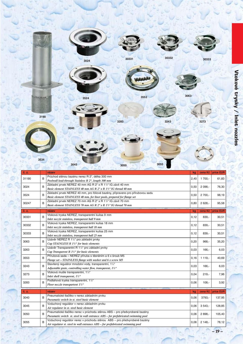 Základní prvek NEREZ 40 mm, pro fóliové bazény, pfiipraveno pro pfiírubovou sadu Basic element STAINLESS 40 mm, for liner pools, prepared for flange set 0,50 2 700,- 98,19 30247 B Základní prvek