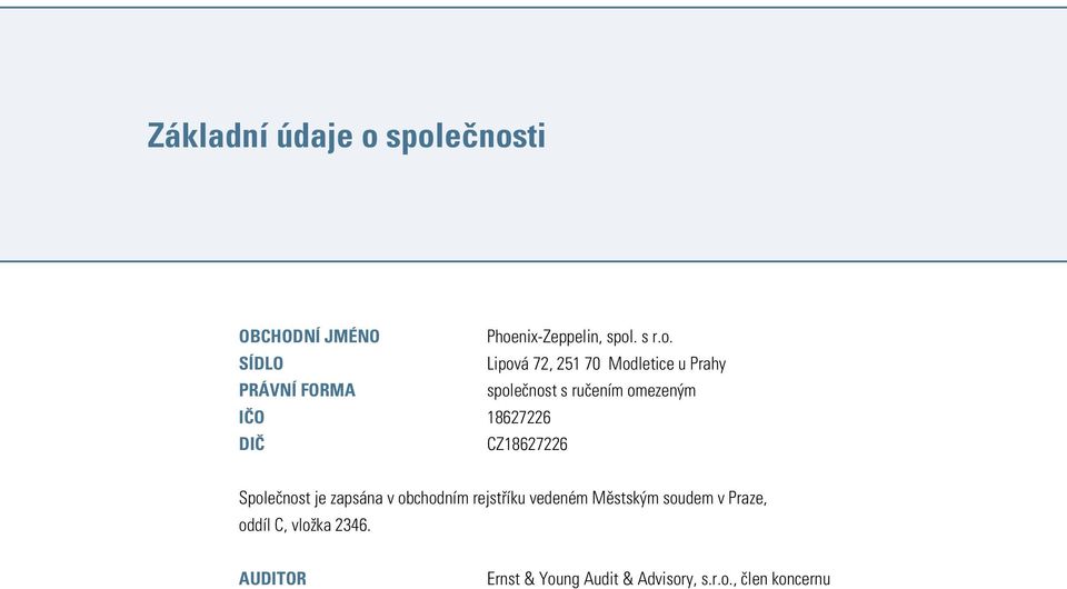 Společnost je zapsána v obchodním rejstříku vedeném Městským soudem v Praze,