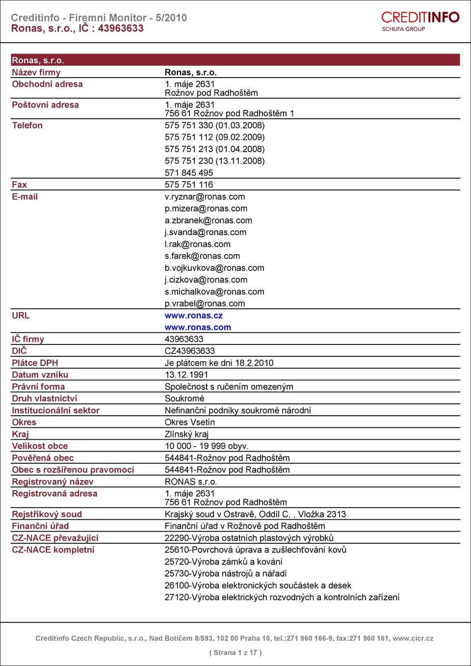 farek@ronas.com b.vojkuvkova@ronas.com j.cizkova@ronas.com s.michalkova@ronas.com p.vrabel@ronas.com URL www.ronas.cz www.ronas.com IČ firmy 43963633 DIČ CZ43963633 Plátce DPH Je plátcem ke dni 18.2.