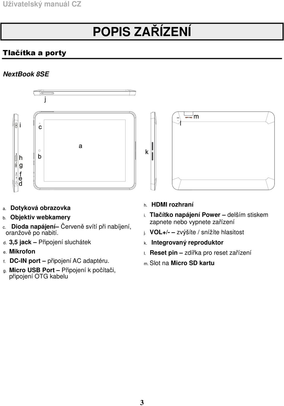 DC-IN port připojení AC adaptéru. g. Micro USB Port Připojení k počítači, připojení OTG kabelu h. HDMI rozhraní i.