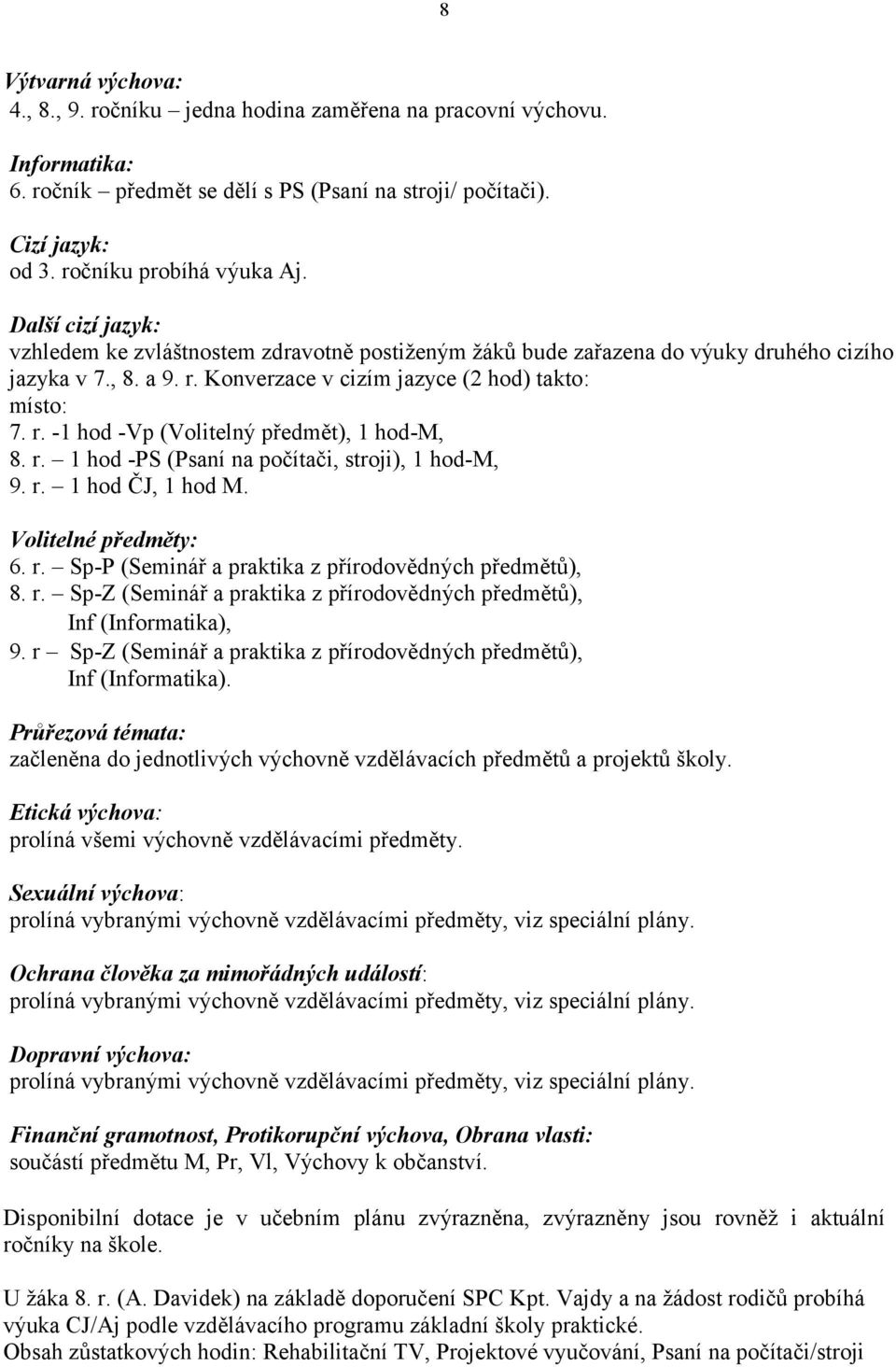 r. 1 hod -PS (Psaní na počítači, stroji), 1 hod-m, 9. r. 1 hod ČJ, 1 hod M. Volitelné předměty: 6. r. Sp-P (Seminář a praktika z přírodovědných předmětů), 8. r. Sp-Z (Seminář a praktika z přírodovědných předmětů), Inf (Informatika), 9.