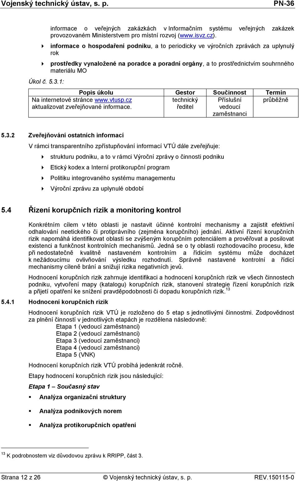 1: technický průběžně ředitel Na internetové stránce www.vtusp.cz aktualizovat zveřejňované informace. Příslušní vedoucí zaměstnanci 5.3.