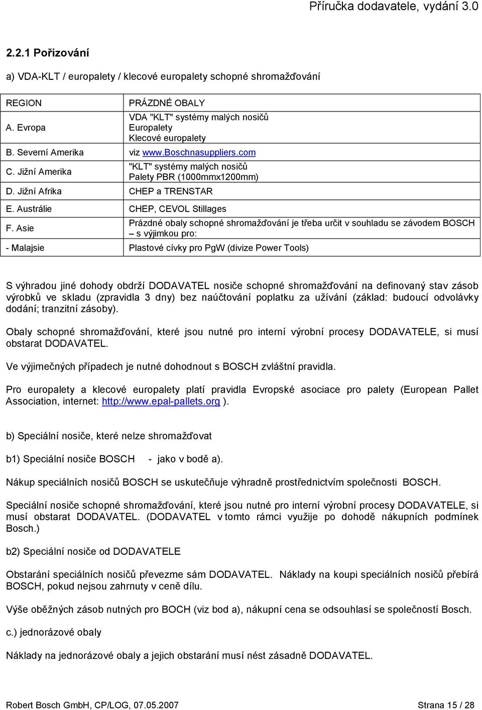 Asie Prázdné obaly schopné shromažďování je třeba určit v souhladu se závodem BOSCH s výjimkou pro: - Malajsie Plastové cívky pro PgW (divize Power Tools) S výhradou jiné dohody obdrží DODAVATEL