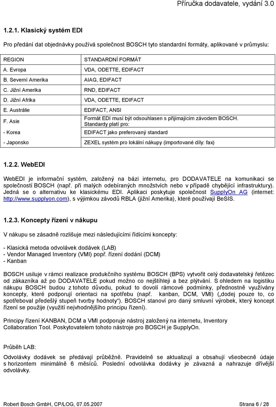 Standardy platí pro: - Korea EDIFACT jako preferovaný standard - Japonsko ZEXEL systém pro lokální nákupy (importované díly: fax) 1.2.