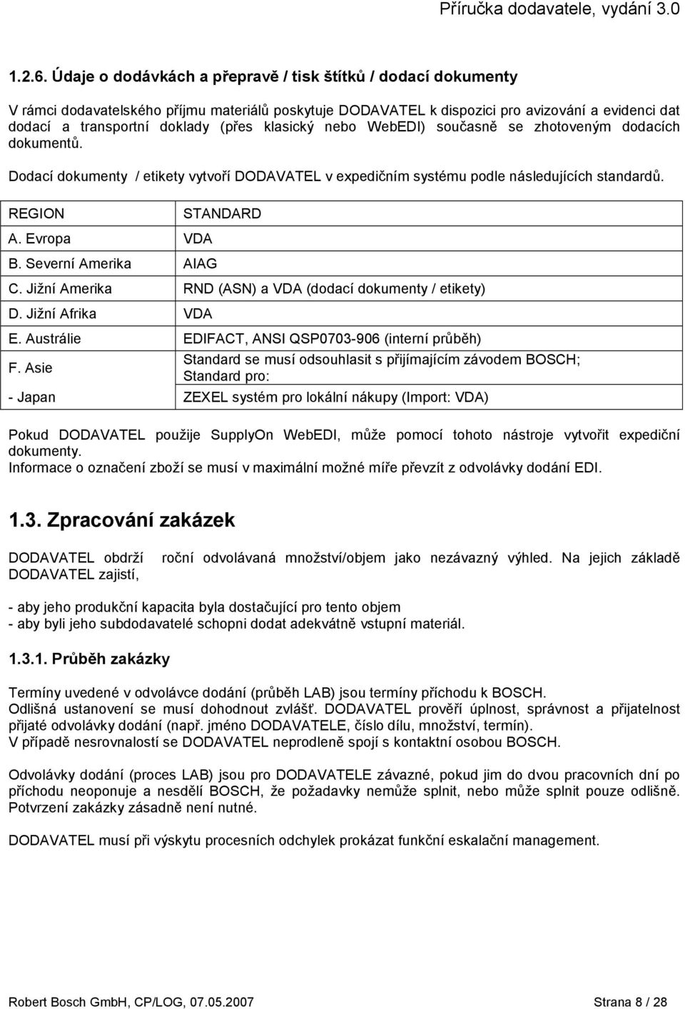 klasický nebo WebEDI) současně se zhotoveným dodacích dokumentů. Dodací dokumenty / etikety vytvoří DODAVATEL v expedičním systému podle následujících standardů. REGION A. Evropa VDA B.