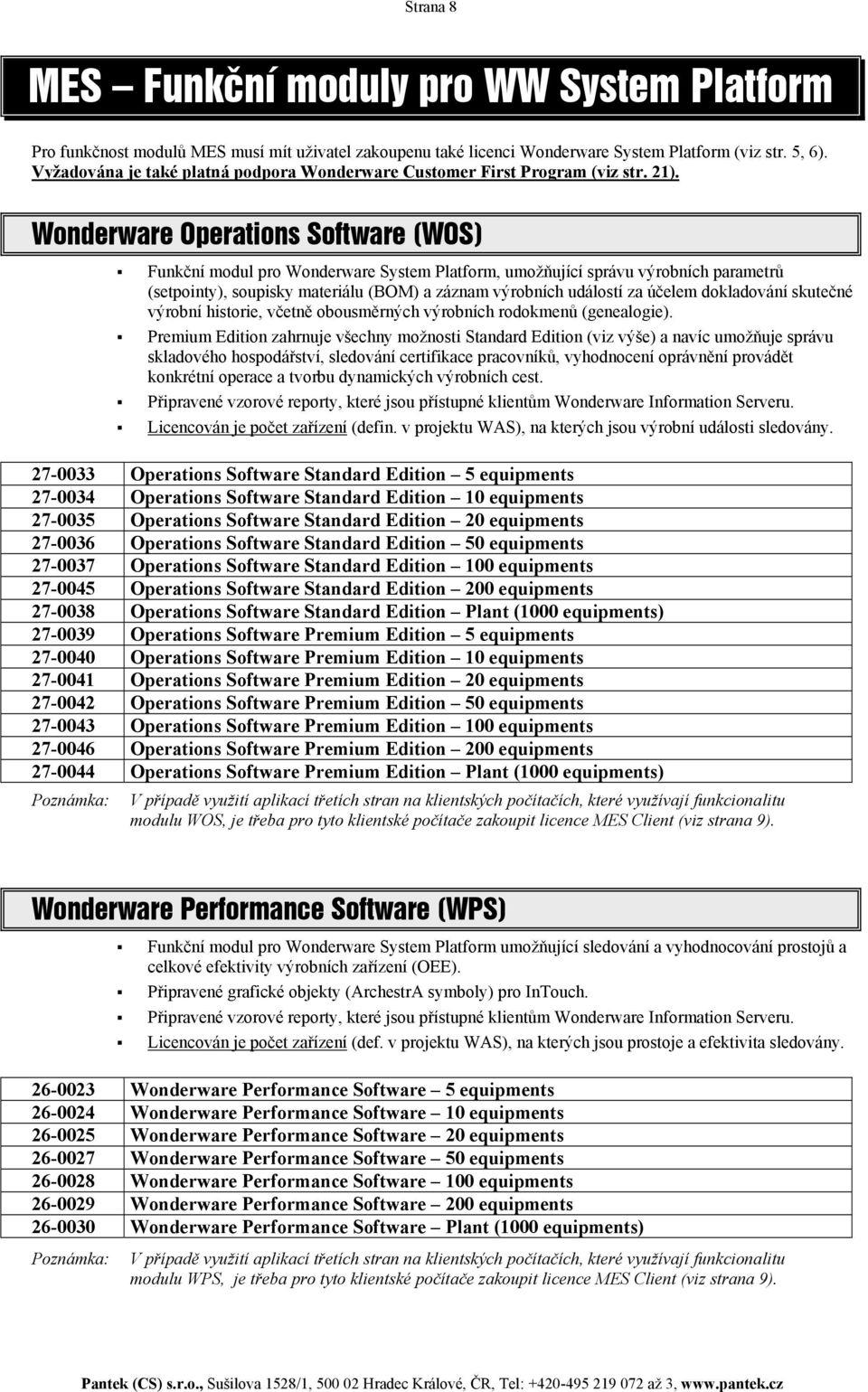 Wonderware Operations Software (WOS) Funkční modul pro Wonderware System Platform, umožňující správu výrobních parametrů (setpointy), soupisky materiálu (BOM) a záznam výrobních událostí za účelem