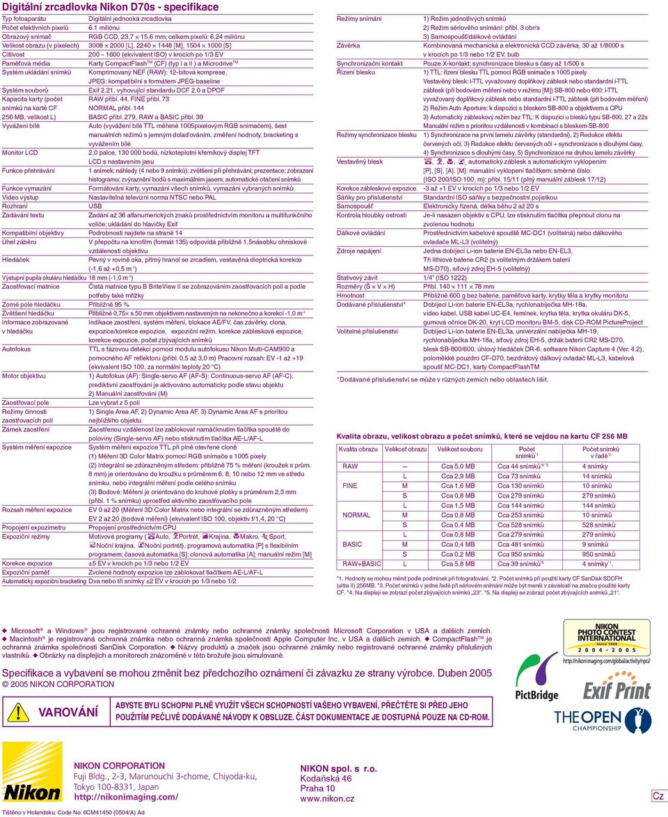 1 miliónu RGB CCD, 23,7 15,6 mm; celkem pixelů: 6,24 miliónu 3008 2000 [L], 2240 1448 [M], 1504 1000 [S] 200 1600 (ekvivalent ISO) v krocích po 1/3 EV Karty CompactFlash TM (CF) (typ I a II ) a