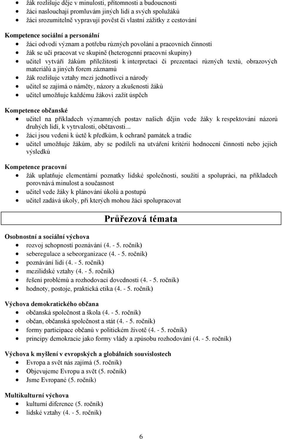 interpretaci či prezentaci různých textů, obrazových materiálů a jiných forem záznamů žák rozlišuje vztahy mezi jednotlivci a národy učitel se zajímá o náměty, názory a zkušenosti žáků učitel