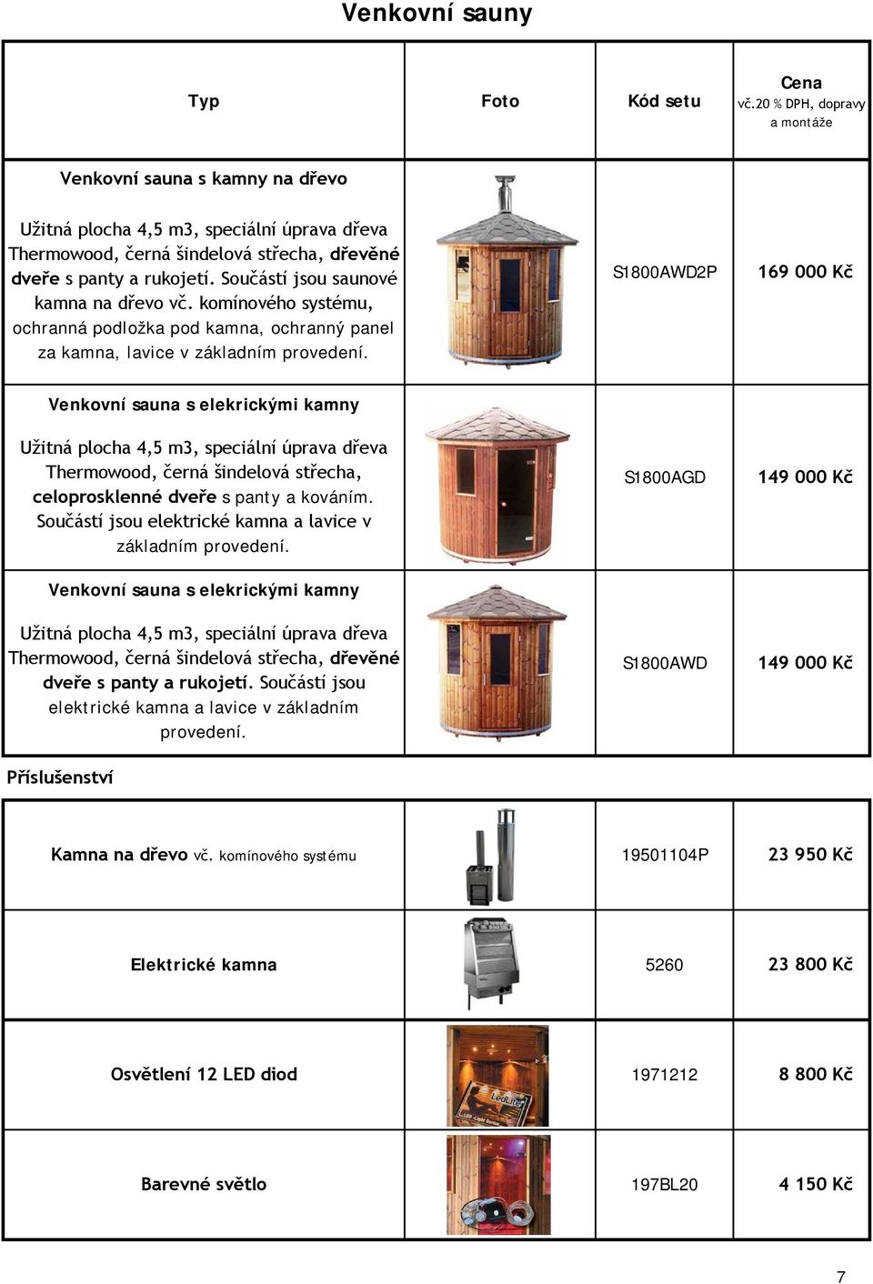 Součástí jsou saunové kamna na dřevo vč. komínového systému, ochranná podložka pod kamna, ochranný panel za kamna, lavice v základním provedení.