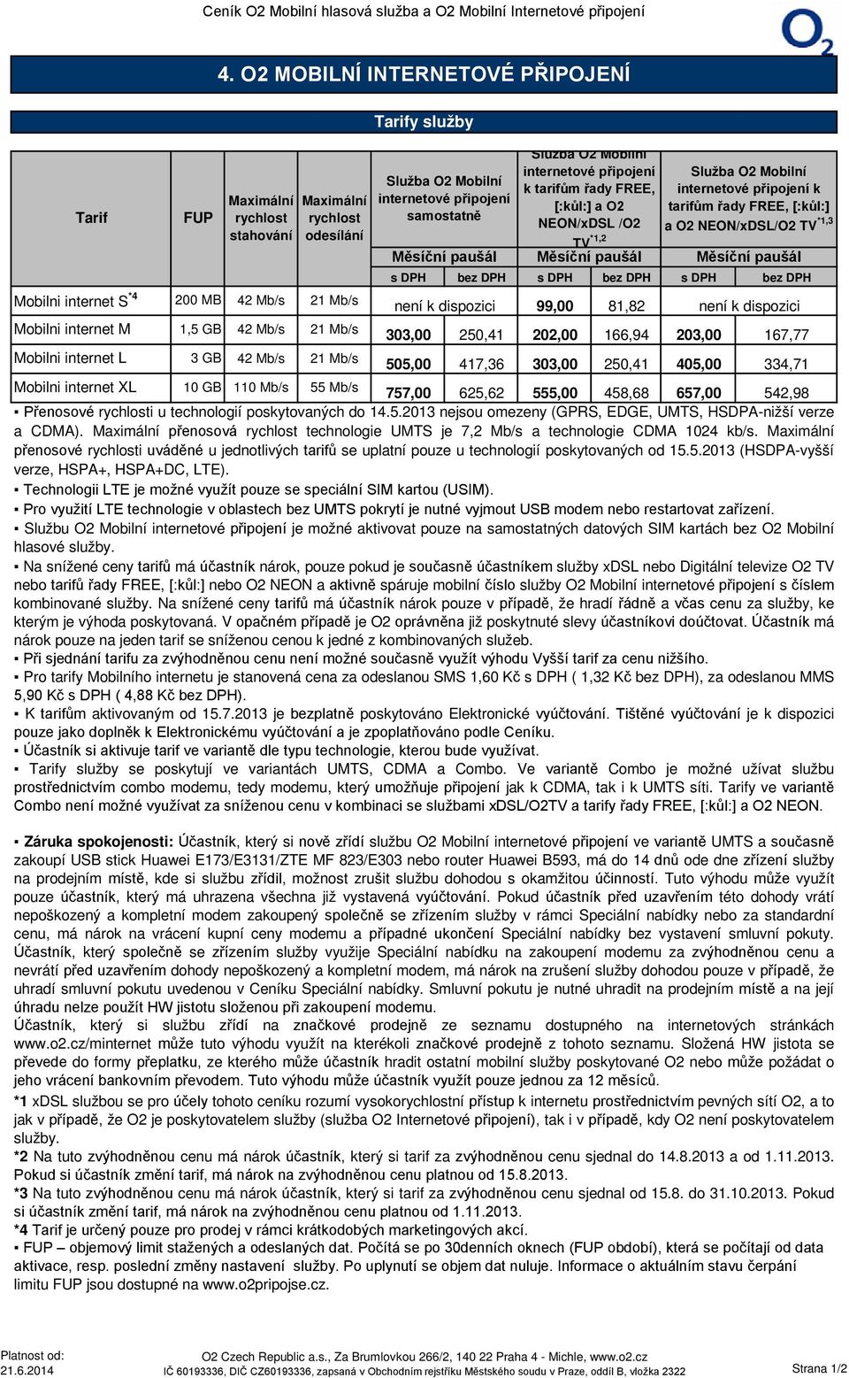 tarifům řady FREE, [:kůl:] a O2 NEON/xDSL /O2 s DPH bez DPH s DPH bez DPH s DPH bez DPH Mobilni internet S *4 200 MB 42 Mb/s 21 Mb/s není k dispozici 99,00 81,82 není k dispozici Mobilni internet M