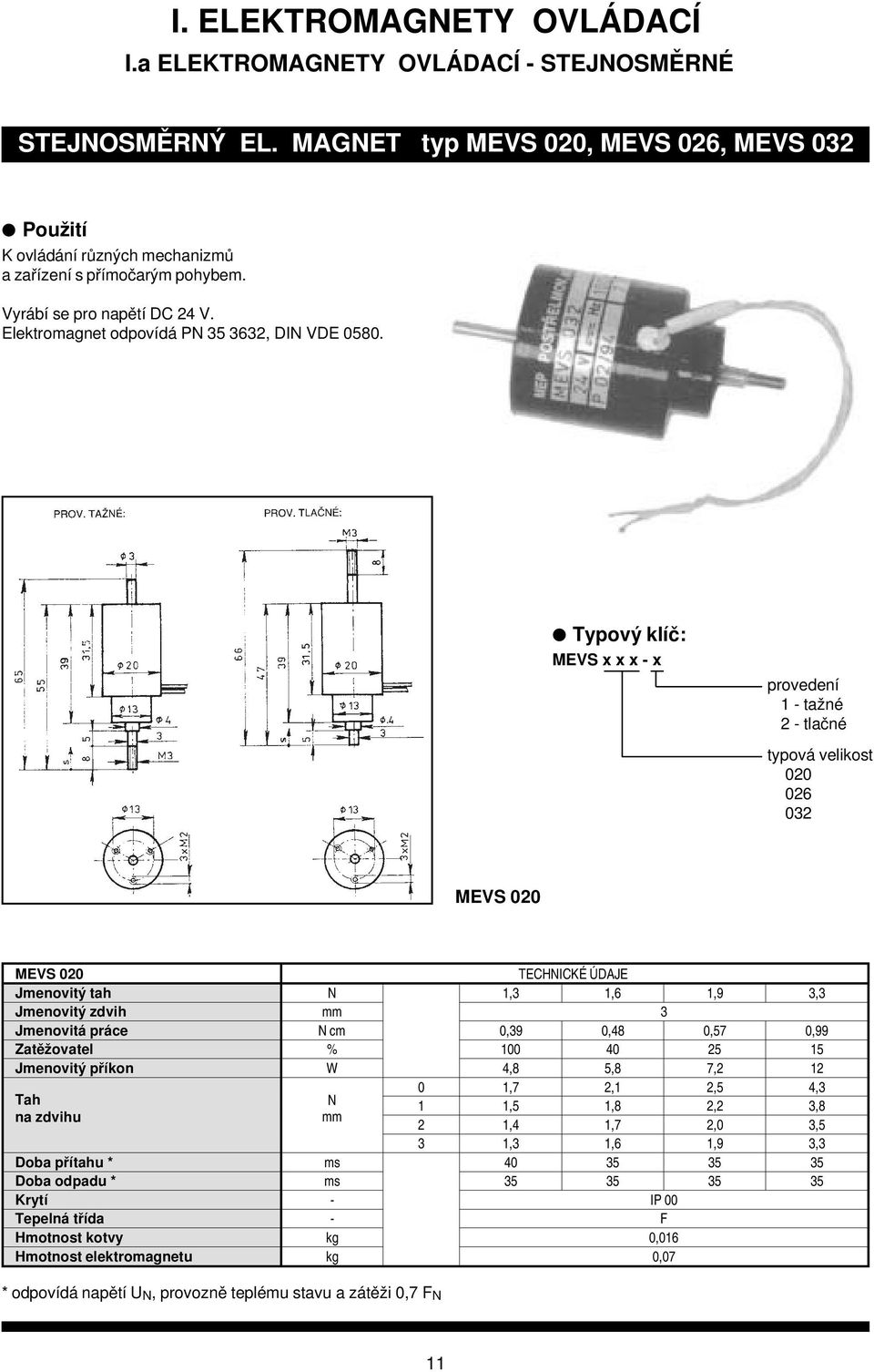 Typový kl íč: MEVS x x x - x provedení 1 - ta žné 2 - tlačné typová velikost 020 026 032 MEVS 020 MEVS 020 TECHNICKÉ ÚDAJE Jmenovitý tah N 1,3 1,6 1,9 3,3 Jmenovitý zdvih mm 3 Jmenovitá pr áce N cm