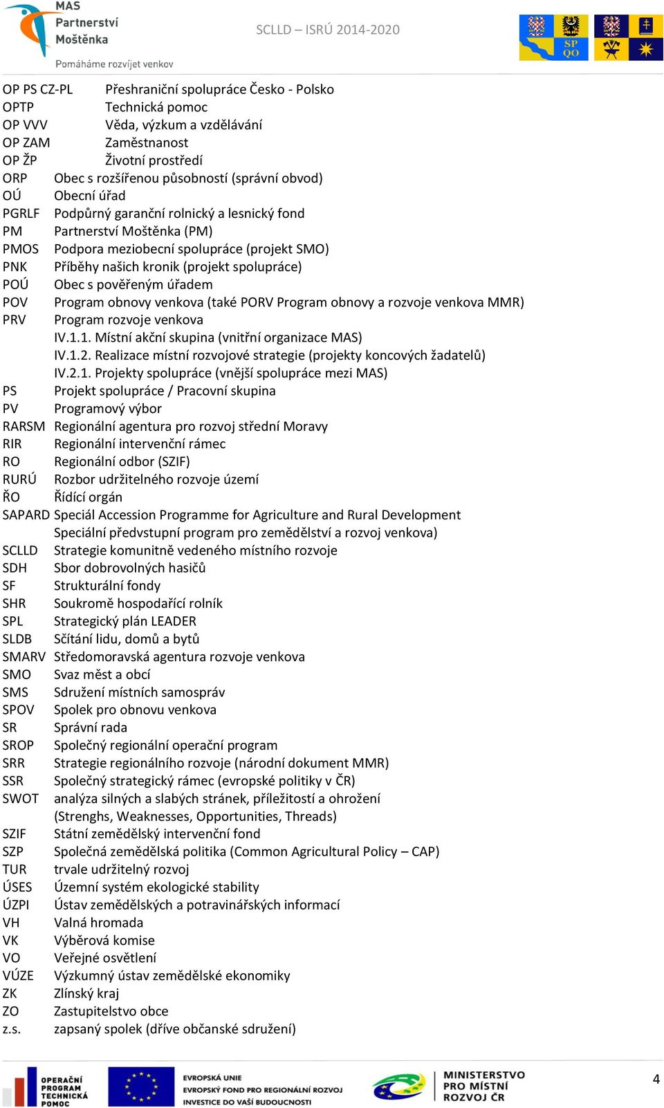 pověřeným úřadem POV Program obnovy venkova (také PORV Program obnovy a rozvoje venkova MMR) PRV Program rozvoje venkova IV.1.1. Místní akční skupina (vnitřní organizace MAS) IV.1.2.