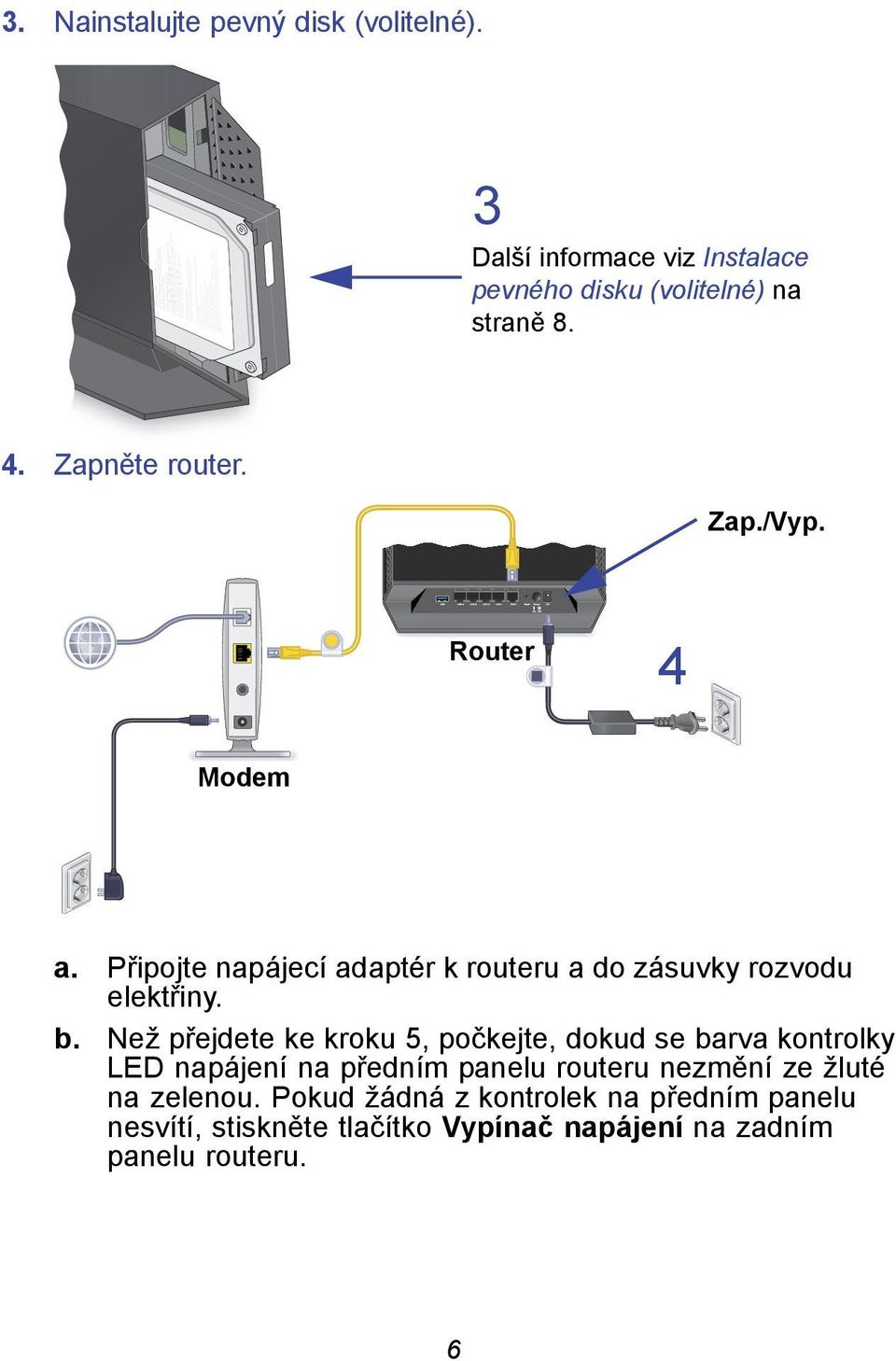 Než přejdete ke kroku 5, počkejte, dokud se barva kontrolky LED napájení na předním panelu routeru nezmění ze žluté