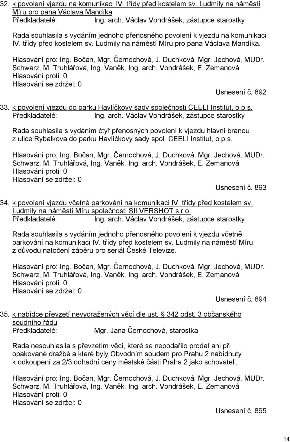 Hlasování pro: Ing. Bočan, Mgr. Černochová, J. Duchková, Mgr. Jechová, MUDr. Schwarz, M. Truhlářová, Ing. Vaněk, Ing. arch. Vondrášek, E. Zemanová Hlasování proti: 0 Hlasování se zdržel: 0 Usnesení č.