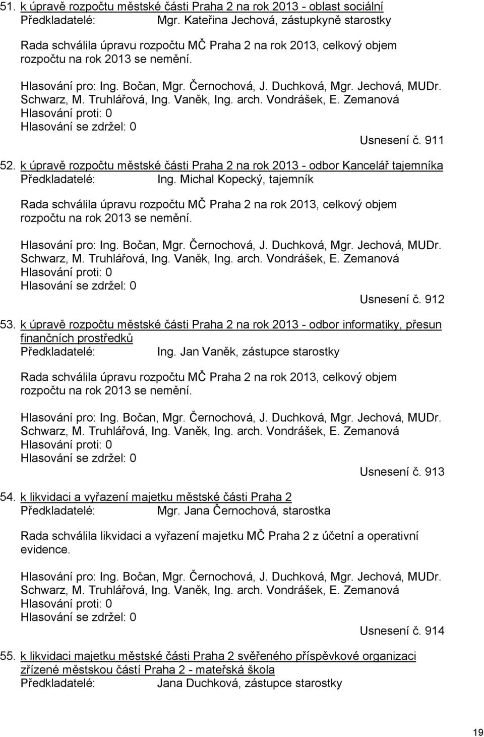 Duchková, Mgr. Jechová, MUDr. Schwarz, M. Truhlářová, Ing. Vaněk, Ing. arch. Vondrášek, E. Zemanová Hlasování proti: 0 Hlasování se zdržel: 0 Usnesení č. 911 52.