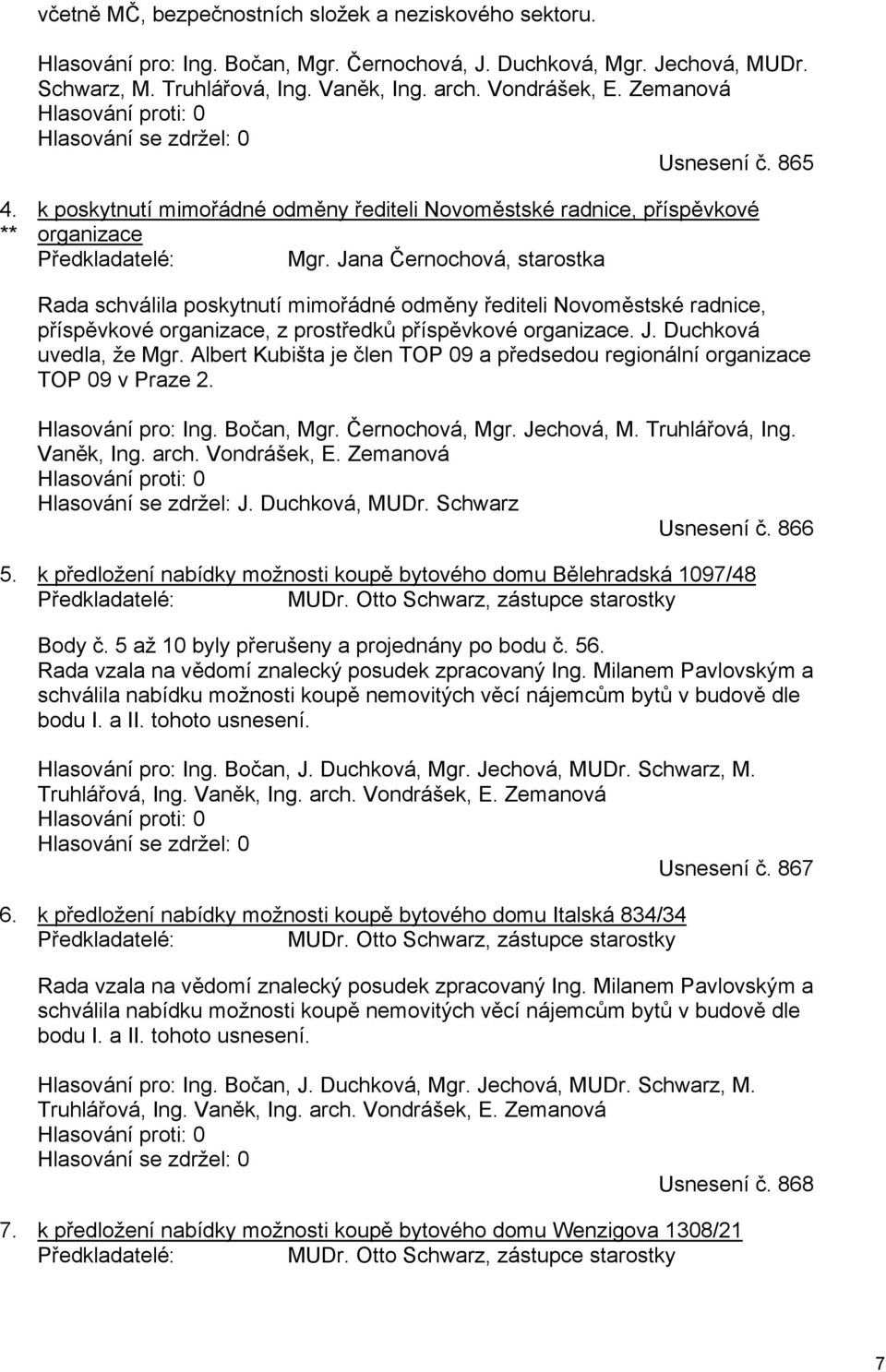 Jana Černochová, starostka Rada schválila poskytnutí mimořádné odměny řediteli Novoměstské radnice, příspěvkové organizace, z prostředků příspěvkové organizace. J. Duchková uvedla, že Mgr.