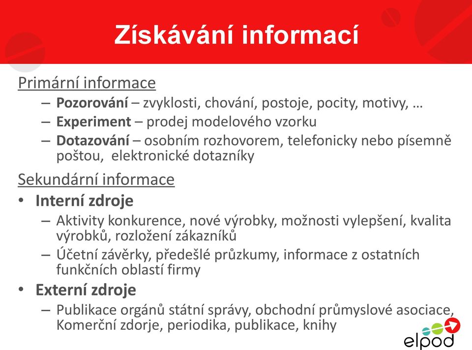 konkurence, nové výrobky, možnosti vylepšení, kvalita výrobků, rozložení zákazníků Účetní závěrky, předešlé průzkumy, informace z