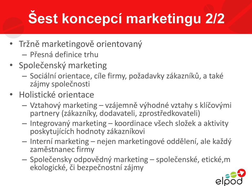 (zákazníky, dodavateli, zprostředkovateli) Integrovaný marketing koordinace všech složek a aktivity poskytujících hodnoty zákazníkovi