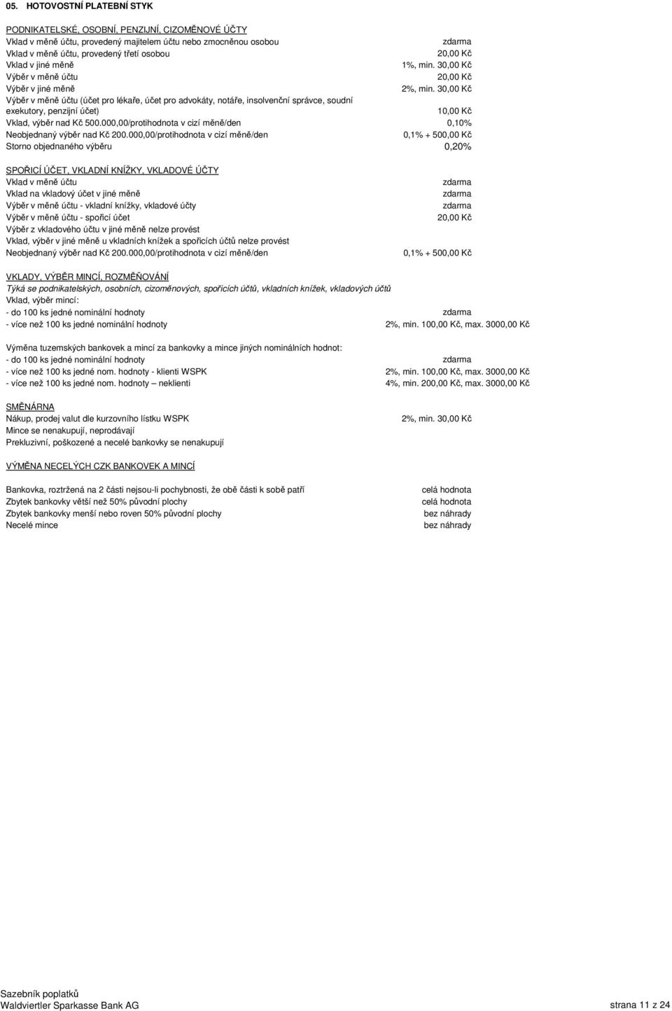 Výběr v měně účtu (účet pro lékaře, účet pro advokáty, notáře, insolvenční správce, soudní exekutory, penzijní účet) 10,00 Kč Vklad, výběr nad Kč 500.