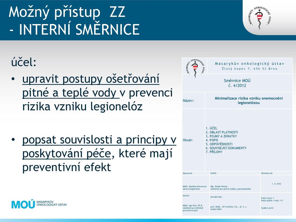 OBLAST PLATNOSTI 3. POJMY A ZKRATKY 4. POPIS 5. ODPOVĚDNOSTI 6. SOUVISEJÍCÍ DOKUMENTY 7. PŘÍLOHY Zpracoval: Ověřil: Účinnost od: MUDr. Markéta Petrovová ústavní hygienička Mgr.