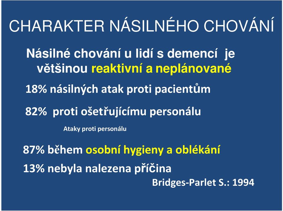 82% proti ošetřujícímu personálu Ataky proti personálu 87% během