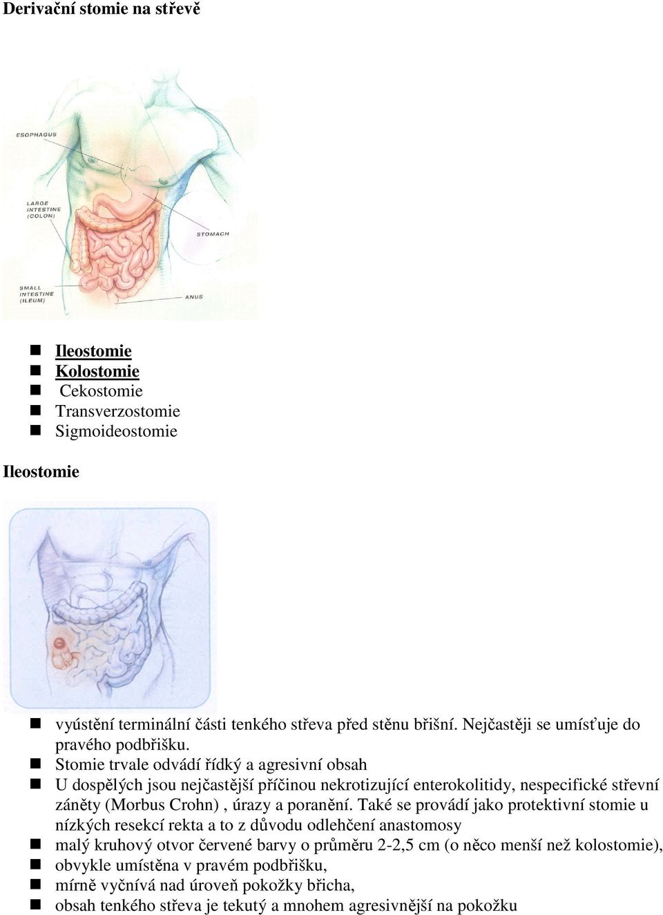 Stomie trvale odvádí řídký a agresivní obsah U dospělých jsou nejčastější příčinou nekrotizující enterokolitidy, nespecifické střevní záněty (Morbus Crohn), úrazy a poranění.