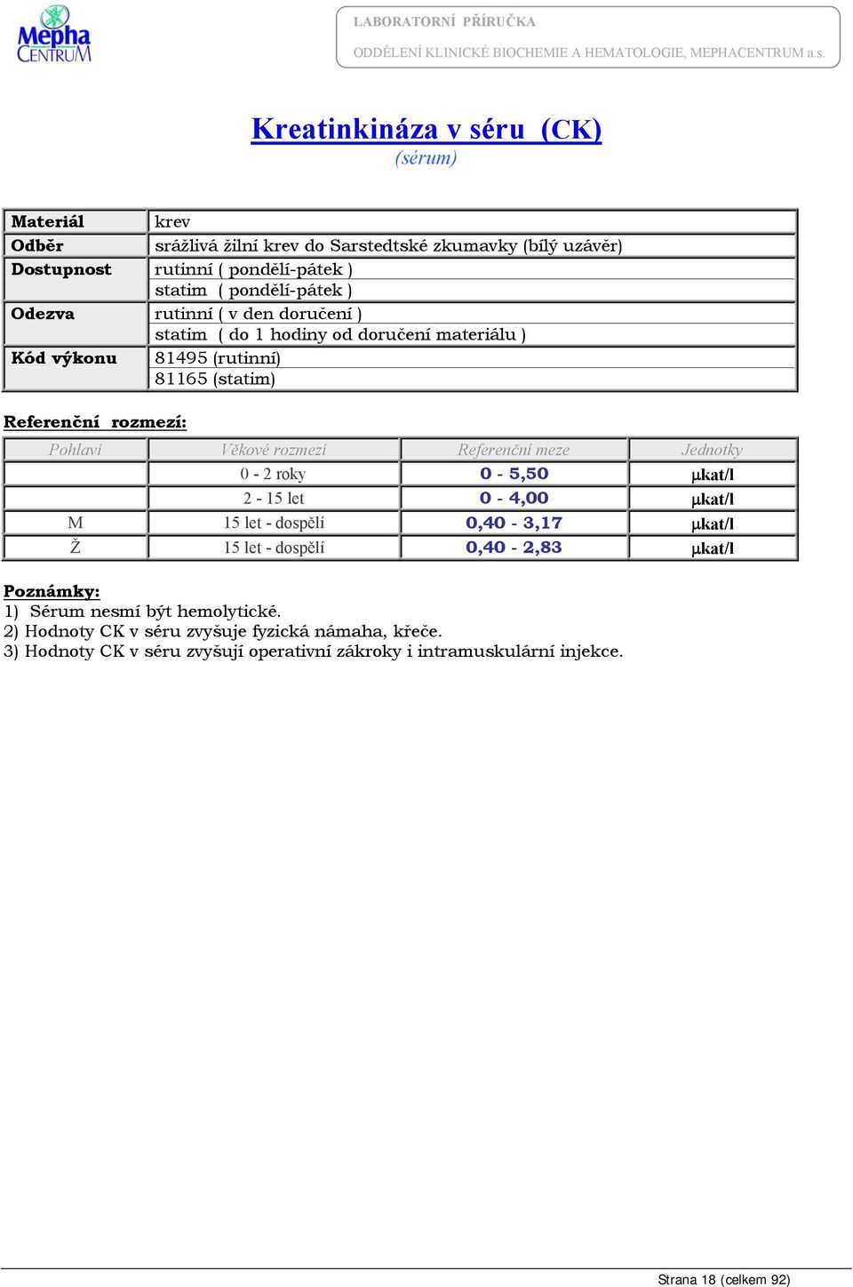 μkat/l Ž 15 let - dospělí 0,40-2,83 μkat/l 1) Sérum nesmí být hemolytické.