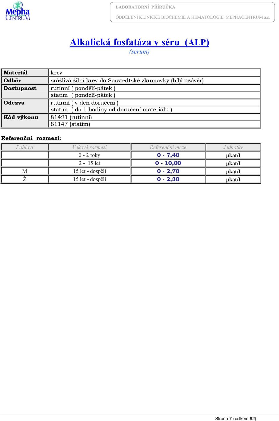 (statim) 0-2 roky 0-7,40 μkat/l 2-15 let 0-10,00 μkat/l M 15 let -