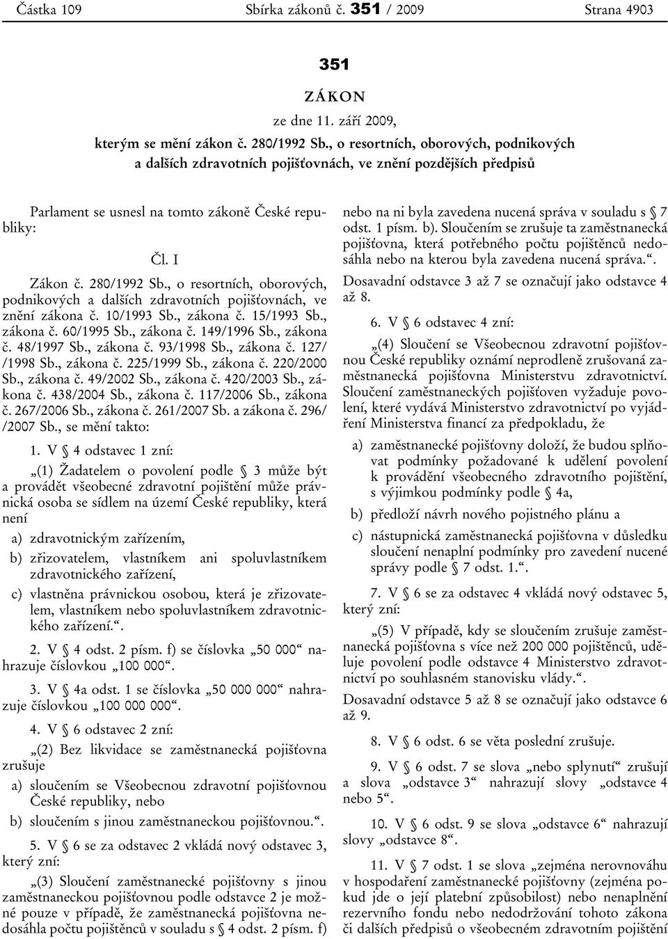, o resortních, oborových, podnikových a dalších zdravotních pojišťovnách, ve znění zákona č. 10/1993 Sb., zákona č. 15/1993 Sb., zákona č. 60/1995 Sb., zákona č. 149/1996 Sb., zákona č. 48/1997 Sb.