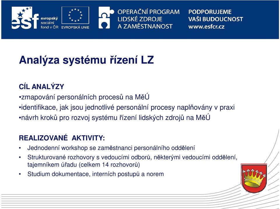 AKTIVITY: Jednodenní workshop se zaměstnanci personálního oddělení Strukturované rozhovory s vedoucími odborů,