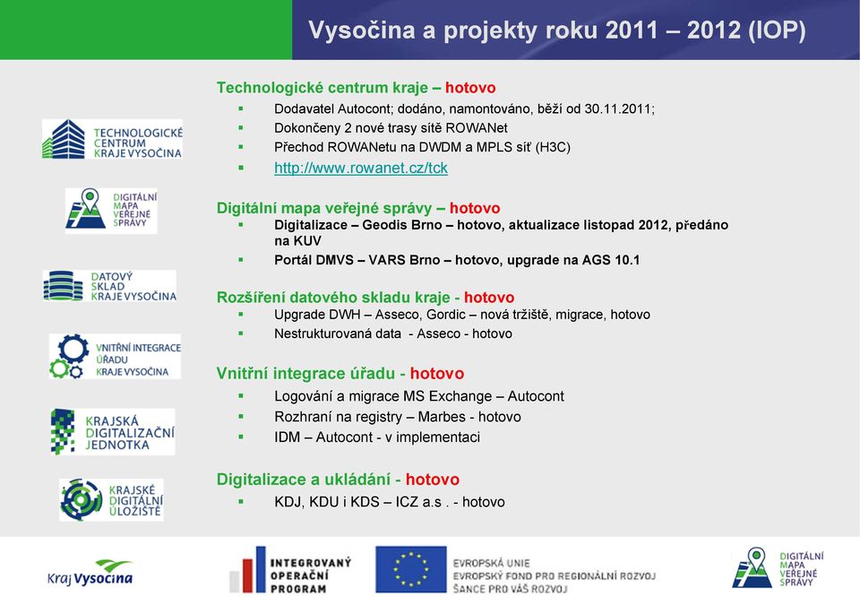 1 Rozšíření datového skladu kraje - hotovo Upgrade DWH Asseco, Gordic nová tržiště, migrace, hotovo Nestrukturovaná data - Asseco - hotovo Vnitřní integrace úřadu - hotovo Logování a