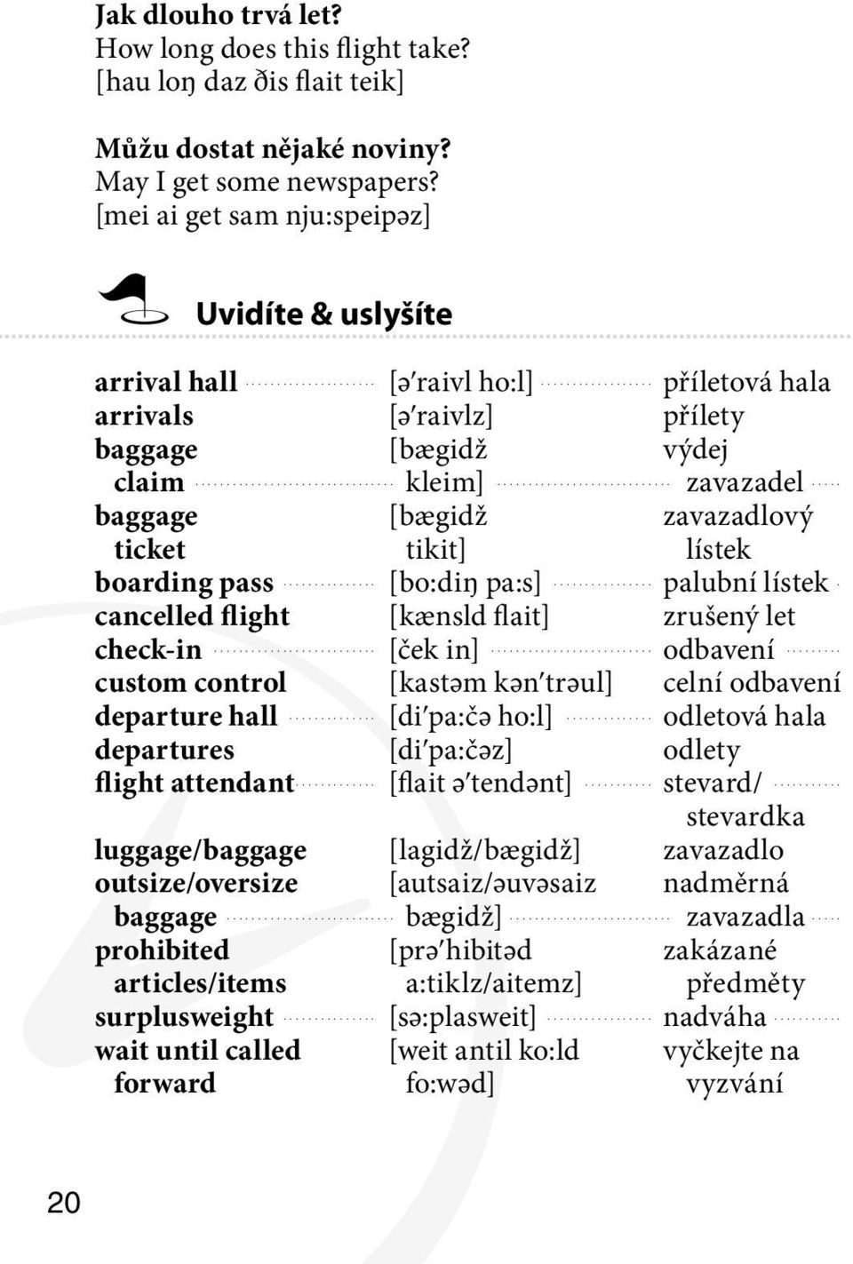 ........ baggage [bægidž zavazadlový ticket tikit] lístek boarding pass [bo:diŋ pa:s] palubní lístek........ cancelled flight [kænsld flait] zrušený let check-in [ček in] odbavení.