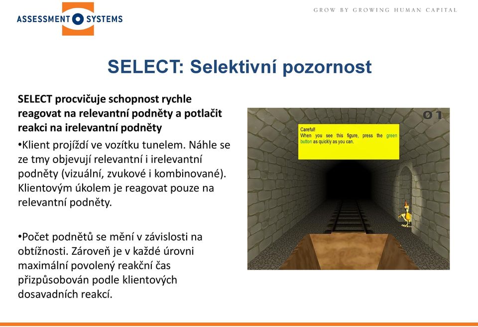 Náhle se ze tmy objevují relevantní i irelevantní podněty (vizuální, zvukové i kombinované).