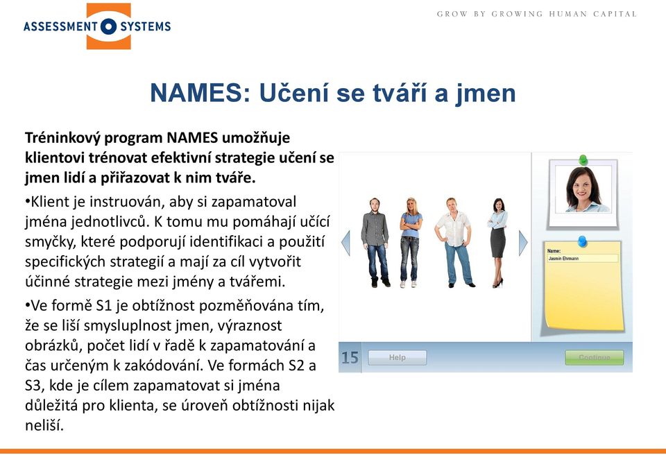 K tomu mu pomáhají učící smyčky, které podporují identifikaci a použití specifických strategií a mají za cíl vytvořit účinné strategie mezi jmény a tvářemi.