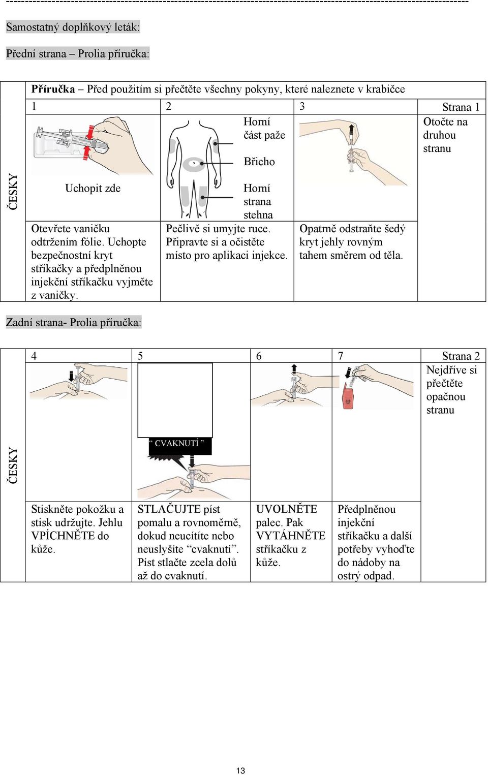 Uchopte bezpečnostní kryt stříkačky a předplněnou injekční stříkačku vyjměte z vaničky. Horní strana stehna Pečlivě si umyjte ruce. Připravte si a očistěte místo pro aplikaci injekce.