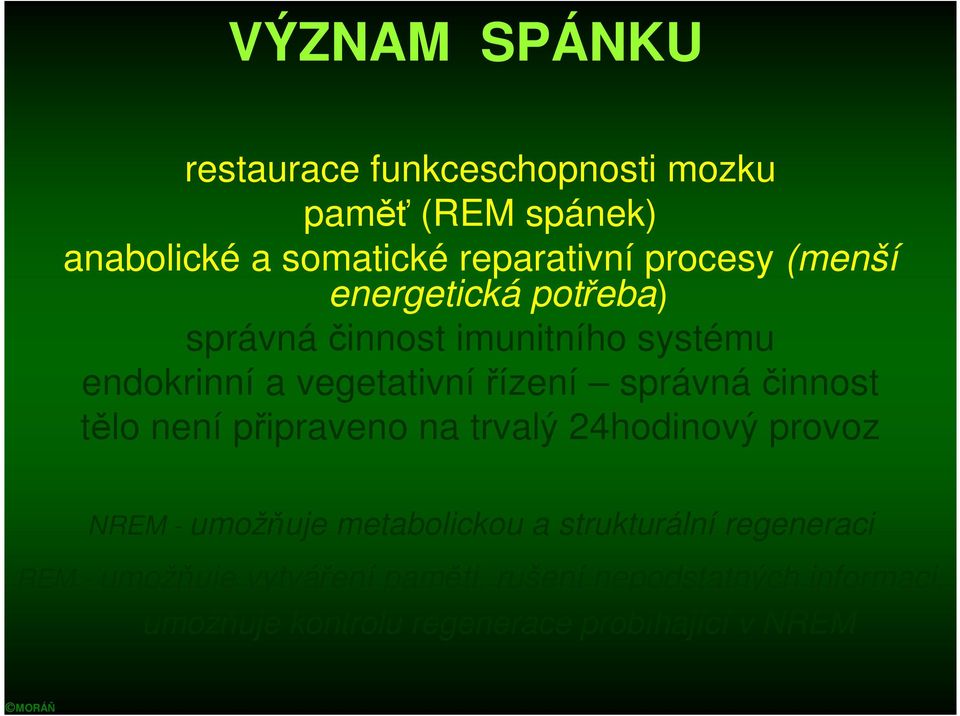 činnost tělo není připraveno na trvalý 24hodinový provoz NREM - umožňuje metabolickou a strukturální