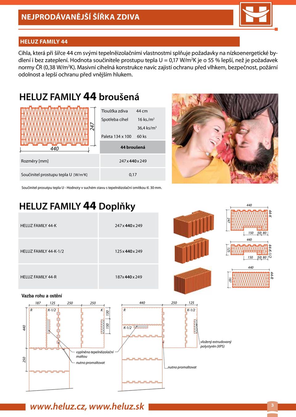 Masivní cihelná konstrukce navíc zajistí ochranu před vlhkem, bezpečnost, požární odolnost a lepší ochranu před vnějším hlukem. HELUZ FAMILY 44 broušená 44 cm Spotřeba cihel 16 ks.