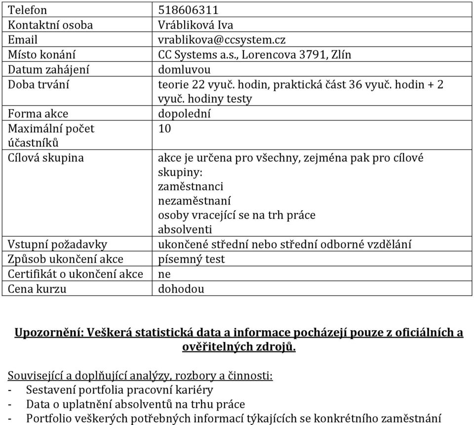 nebo střední odborné vzdělání Způsob ukončení akce písemný test Upozornění: Veškerá statistická data a informace pocházejí pouze z oficiálních a ověřitelných zdrojů.