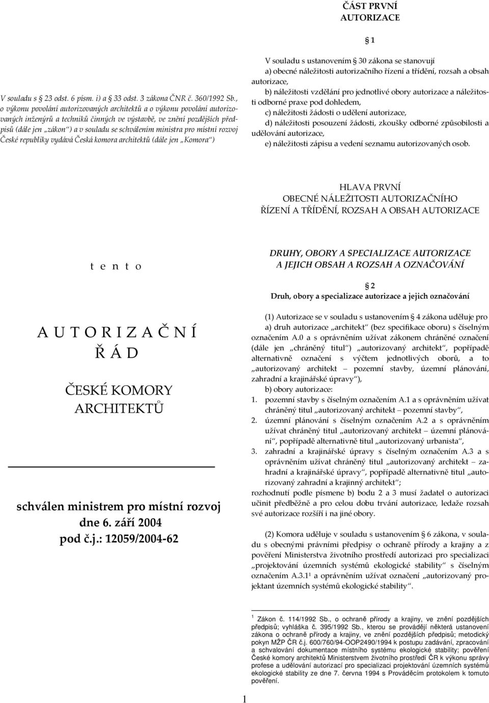 ministra pro místní rozvoj České republiky vydává Česká komora architektů (dále jen Komora ) V souladu s ustanovením 30 zákona se stanovují a) obecné náležitosti autorizačního řízení a třídění,