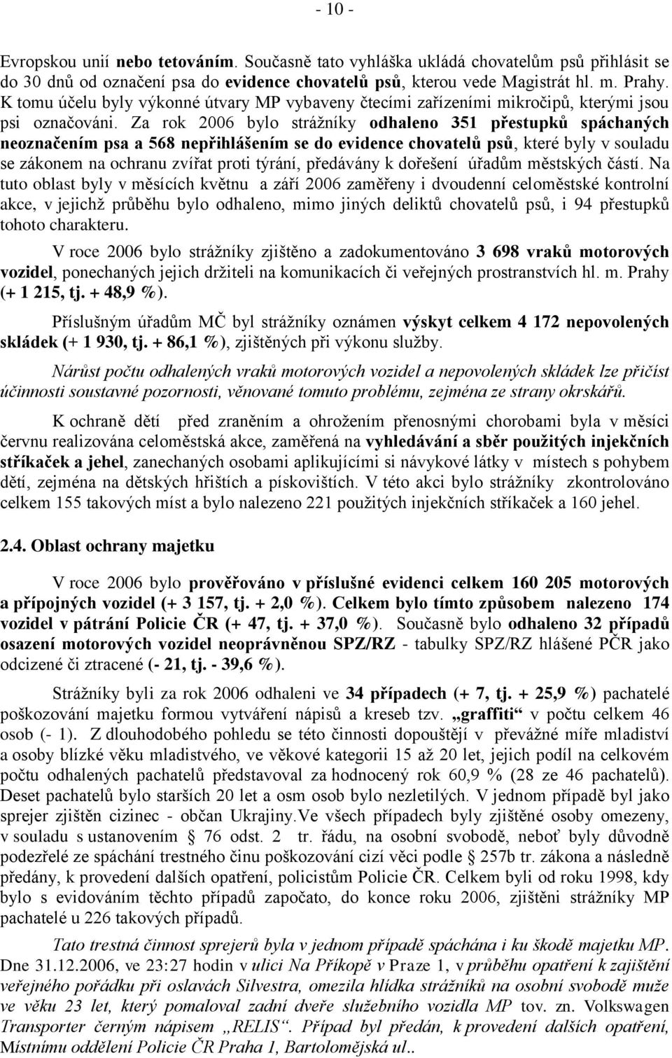 Za rok 2006 bylo strážníky odhaleno 351 přestupků spáchaných neoznačením psa a 568 nepřihlášením se do evidence chovatelů psů, které byly v souladu se zákonem na ochranu zvířat proti týrání,