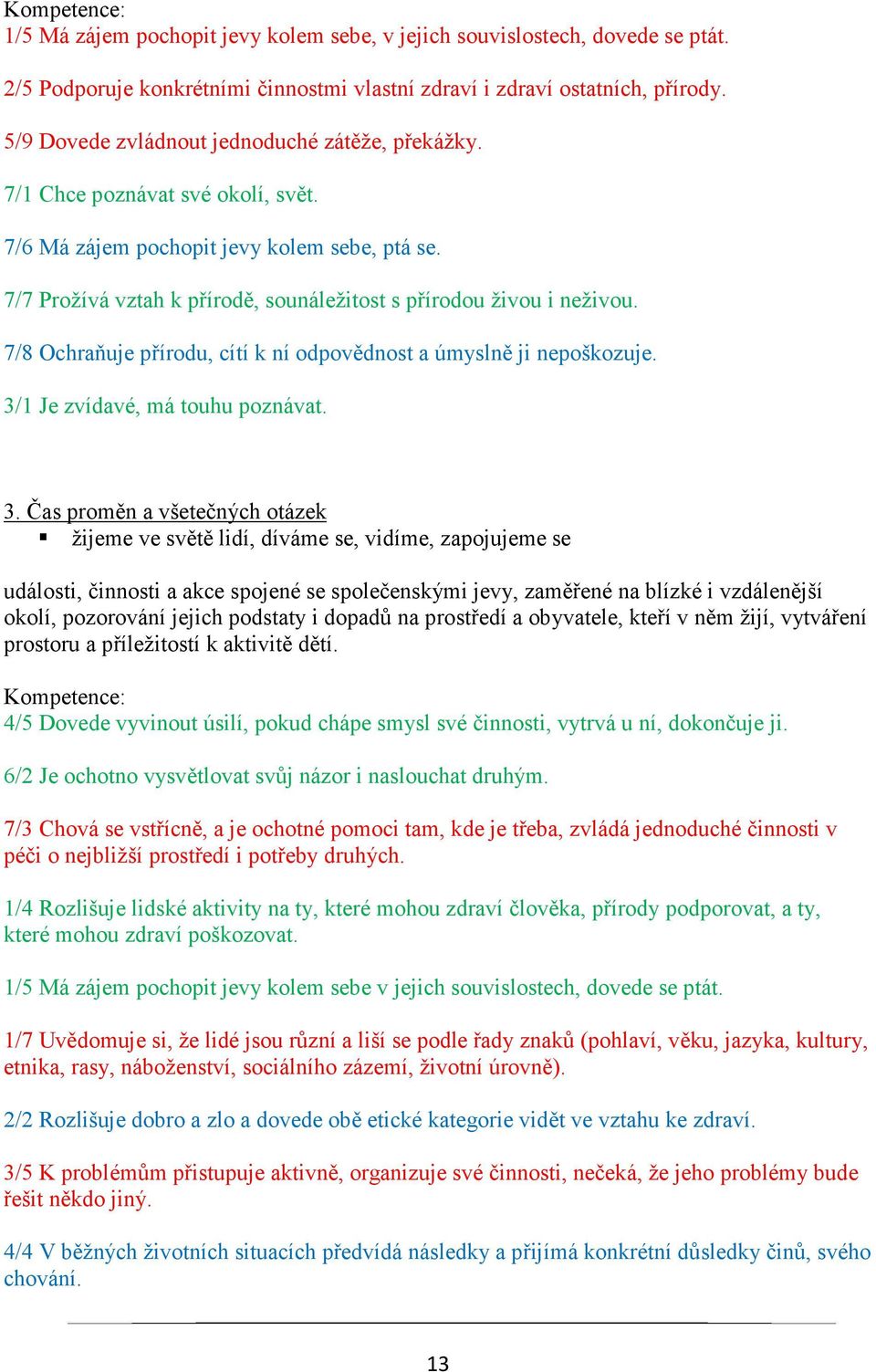 7/7 Prožívá vztah k přírodě, sounáležitost s přírodou živou i neživou. 7/8 Ochraňuje přírodu, cítí k ní odpovědnost a úmyslně ji nepoškozuje. 3/