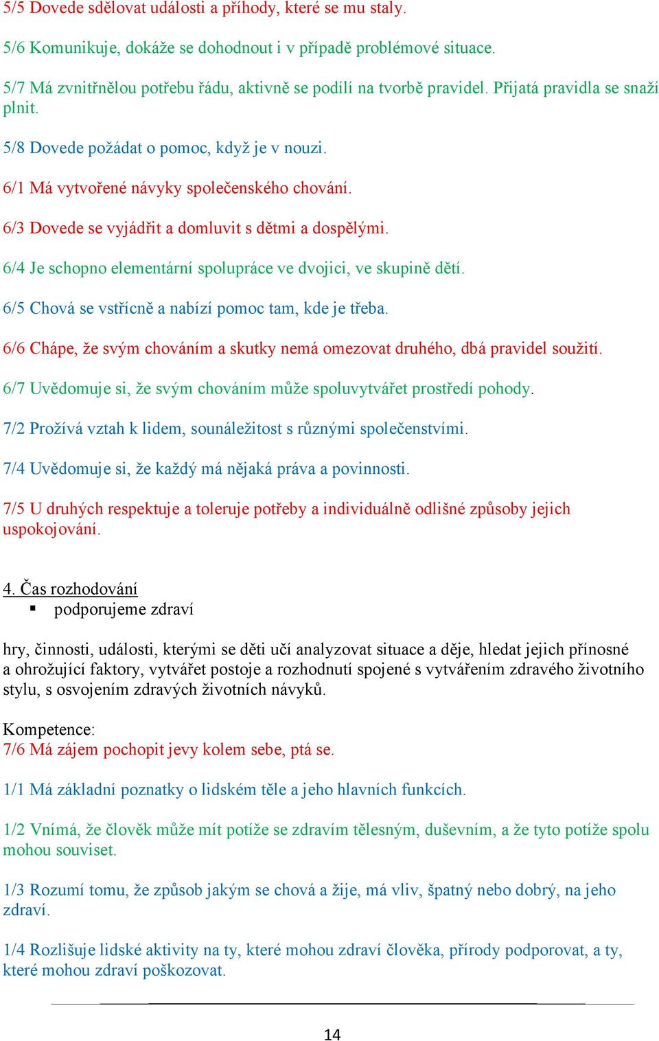 6/4 Je schopno elementární spolupráce ve dvojici, ve skupině dětí. 6/5 Chová se vstřícně a nabízí pomoc tam, kde je třeba.