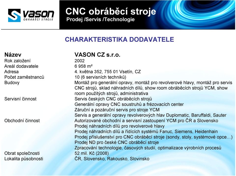 room obráběcích strojů YCM, show room použitých strojů, administrativa Servisní činnost Servis českých CNC obráběcích strojů Generální opravy CNC soustruhů a frézovacích center Záruční a pozáruční