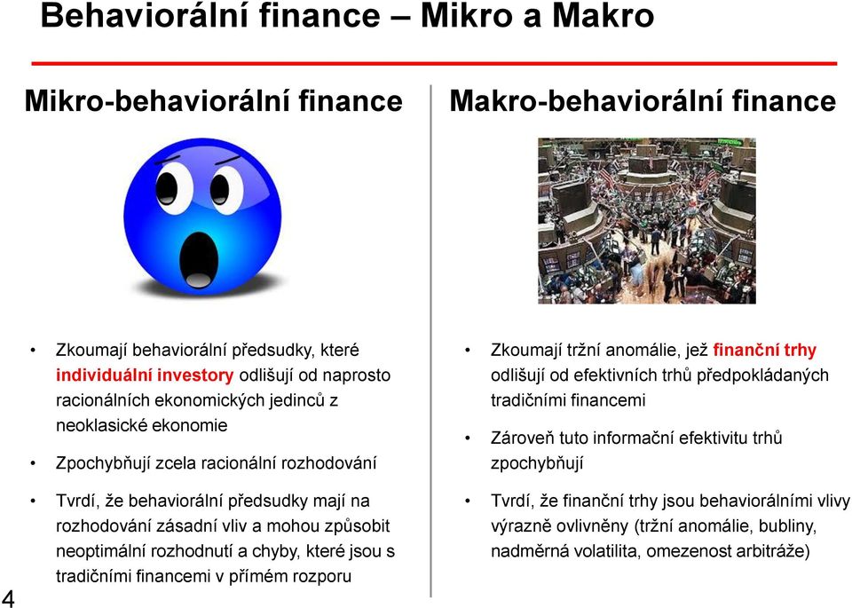 neoptimální rozhodnutí a chyby, které jsou s tradičními financemi v přímém rozporu Zkoumají tržní anomálie, jež finanční trhy odlišují od efektivních trhů předpokládaných tradičními
