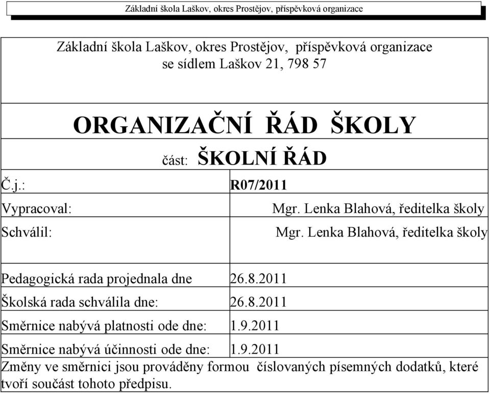 Lenka Blahová, ředitelka školy Pedagogická rada projednala dne 26.8.2011 Školská rada schválila dne: 26.8.2011 Směrnice nabývá platnosti ode dne: 1.