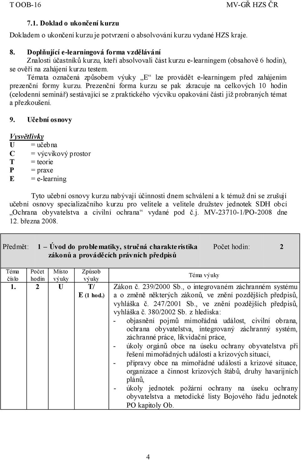 U = C = výcvikový prostor T = teorie P = praxe E = e-learning ro velitele a velitele družstev jednotek SDH obcí Ochrana obyvatelstva a civilní