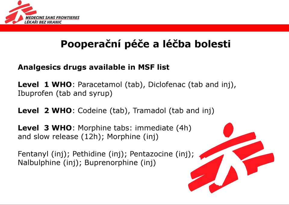 (tab), Tramadol (tab and inj) Level 3 WHO: Morphine tabs: immediate (4h) and slow release